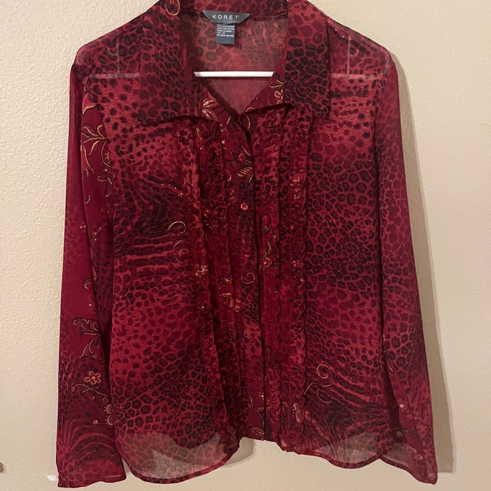 Koret Red Ruffled Metallic Threaded Button Front Sheer Blouse Size 14